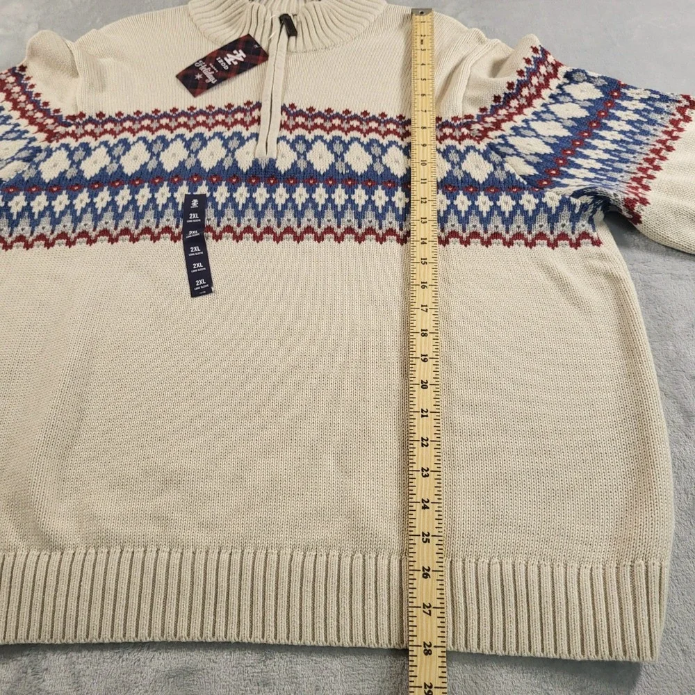 IZOD Mens 2XB NEW Fair Isle Christmas Holiday Winter Quarter Zip Sweater Cream